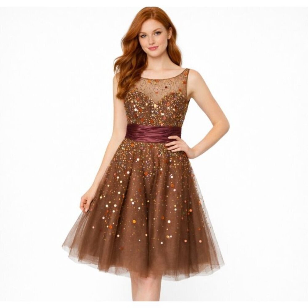 Jovani Bronze Sequin Tulle Cocktail Dress Prom Formal Wedding Guest Pageant Sz 6